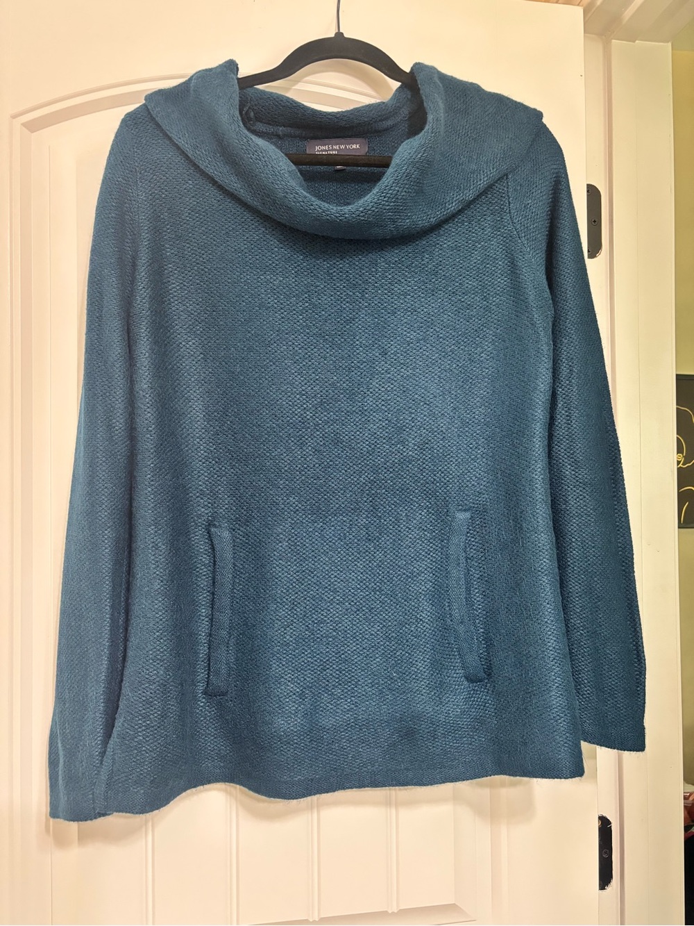 Jones New York Teal Cowl-Neck Pocket Sweater